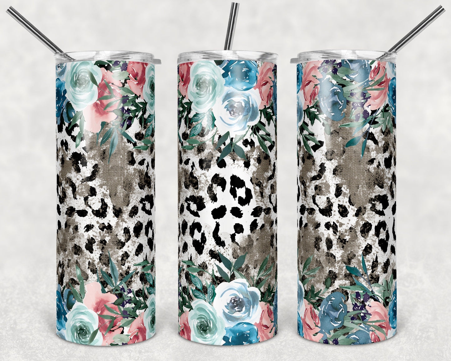20 oz Skinny Tumbler Leopard Floral Burlap Grunge Blue Sublimation Design tumblers