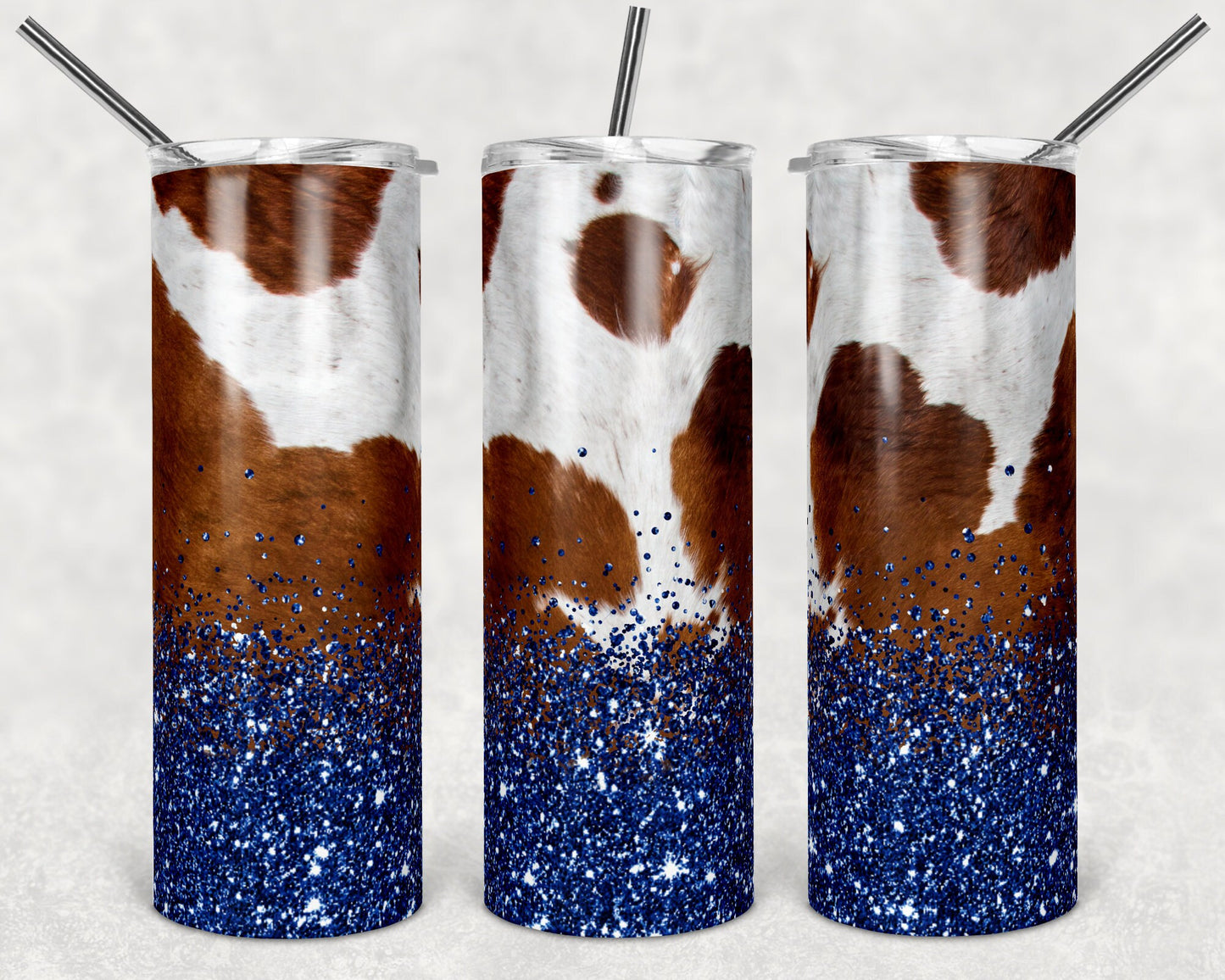 20 oz Skinny Tumbler Design Cow Hide and Confetti Navy Glitter Sublimation Design