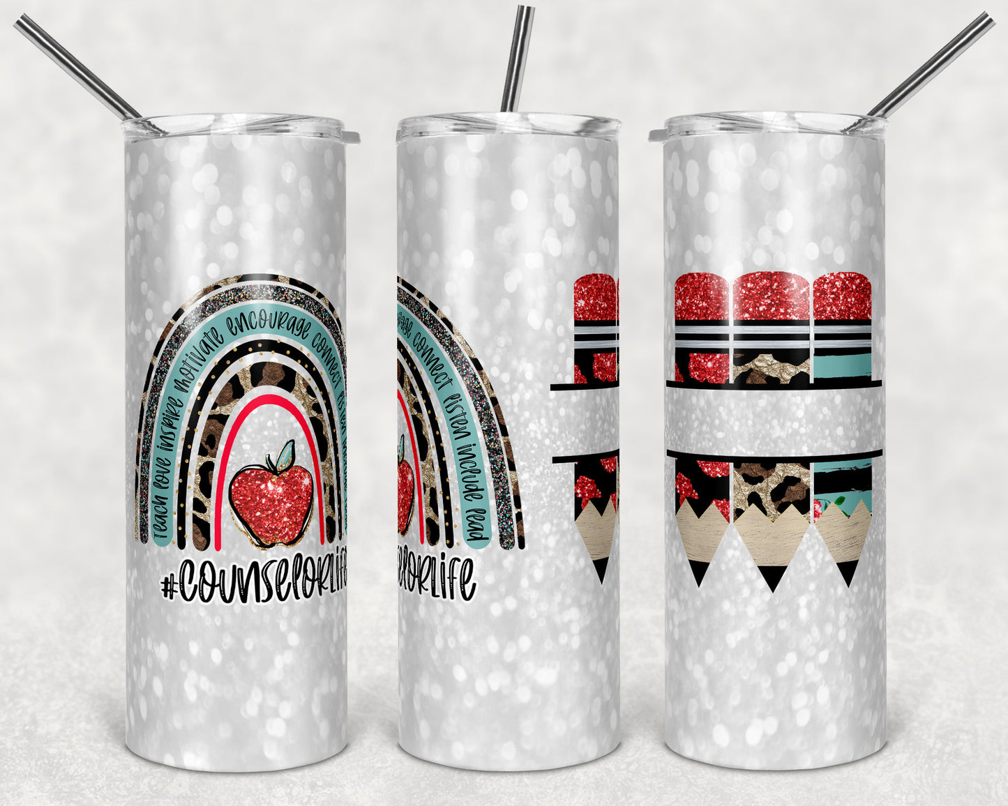 20 oz Skinny Tumbler Sublimation Design Template School Counselor Life Glitter Straight