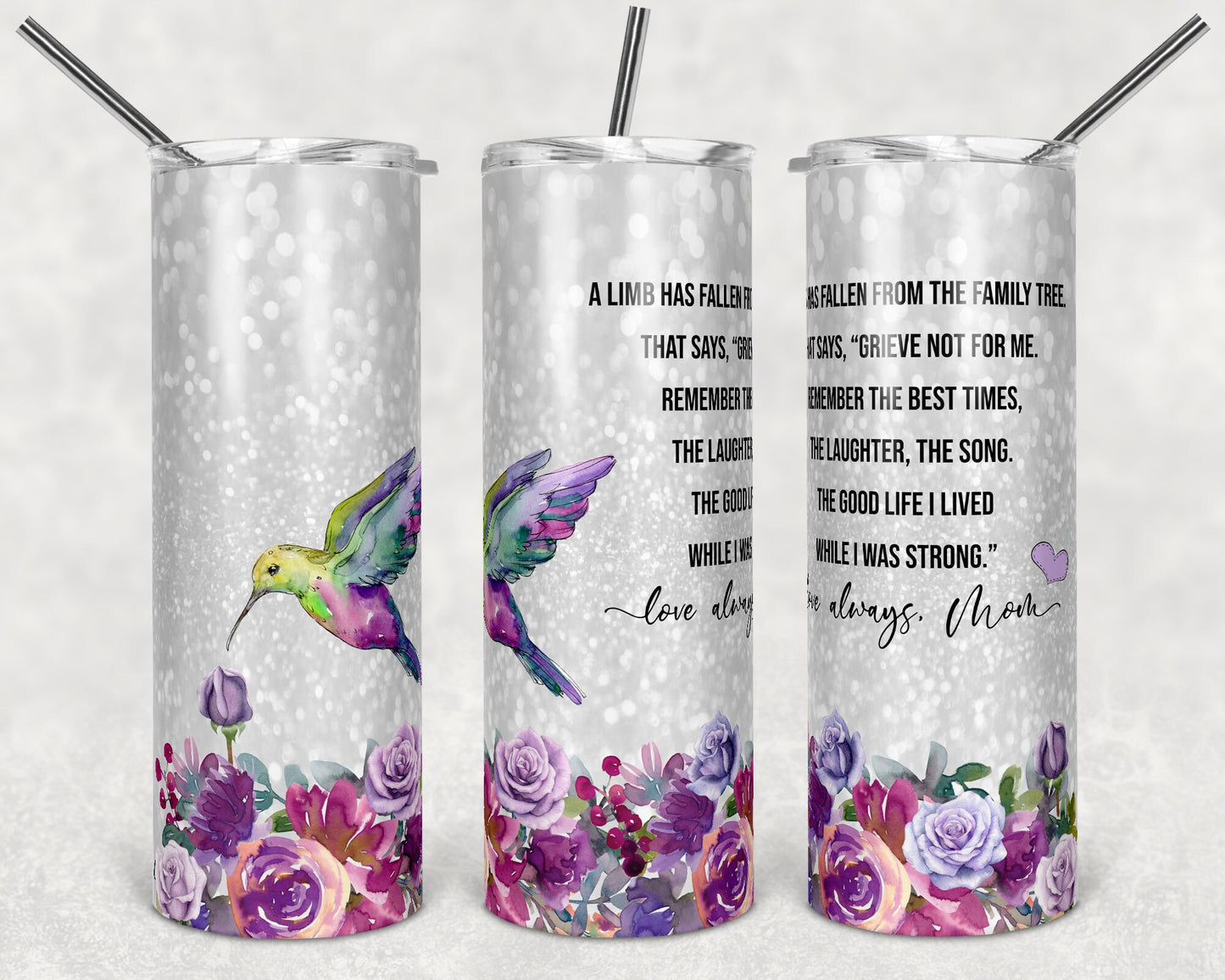 20 oz Skinny Tumbler Sublimation Design Template Faux Glitter Hummingbird Memorial Mom Quote Straight