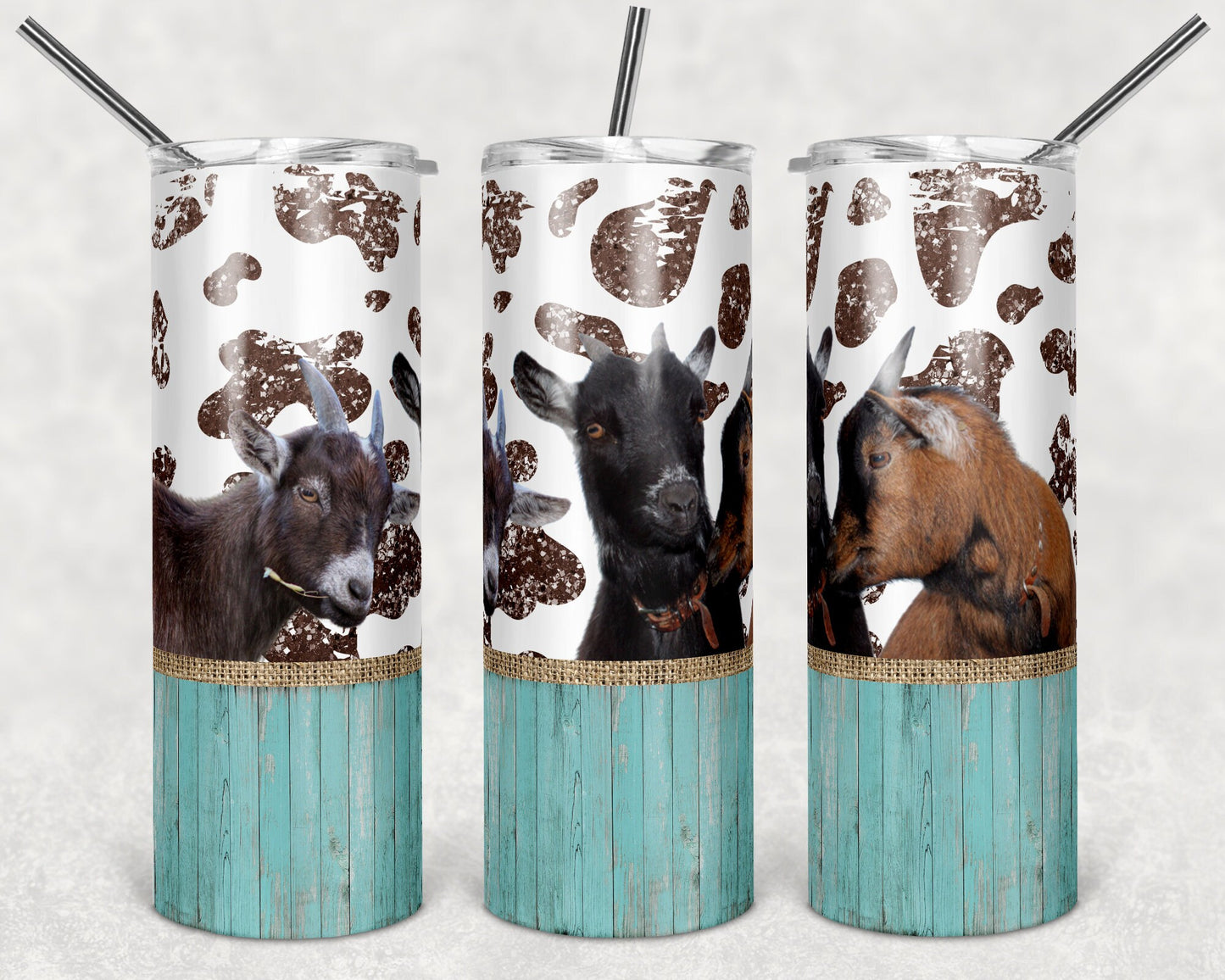 20 oz Skinny Tumbler Sublimation Cow Print Farm Animals Goat Burlap Glitter Design