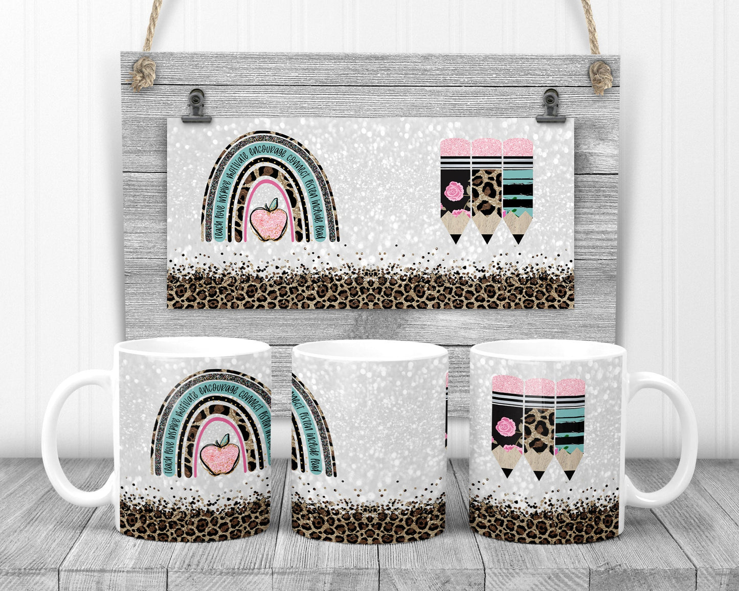 Sublimation Coffee Mug Teacher Life Leopard Pencils Sublimation Design Design