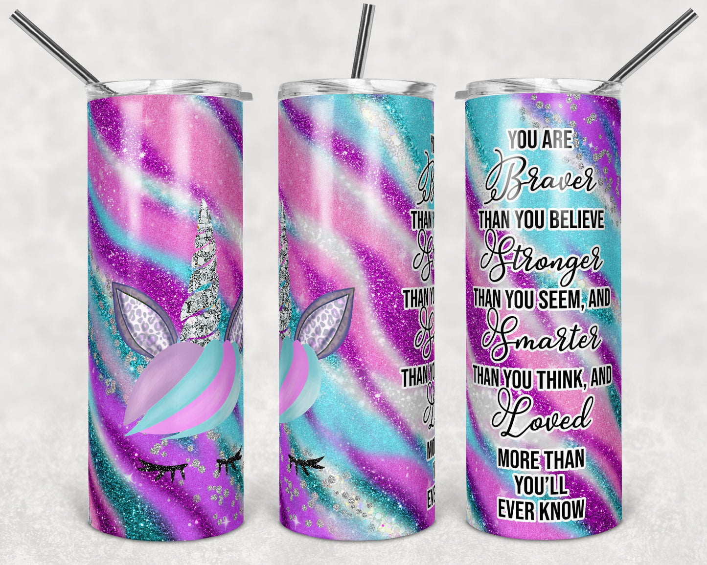 20 oz Skinny Tumbler Sublimation Template Agate Unicorn Milky Way Glitter Aqua Pink Purple Straight Quote Braver Design