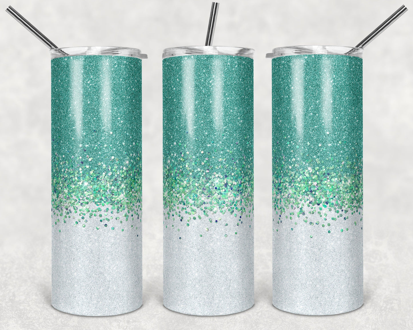 20 oz Skinny Tumbler Faux Glitter Ombre Teal and White Sublimation Design
