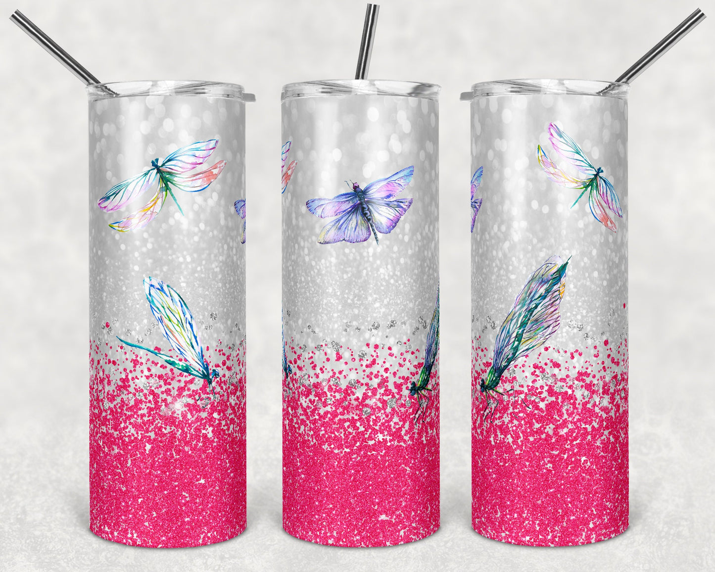 20 oz Skinny Tumbler Glitter Dragonfly hot pink Sublimation Design Print Transfer butterfly