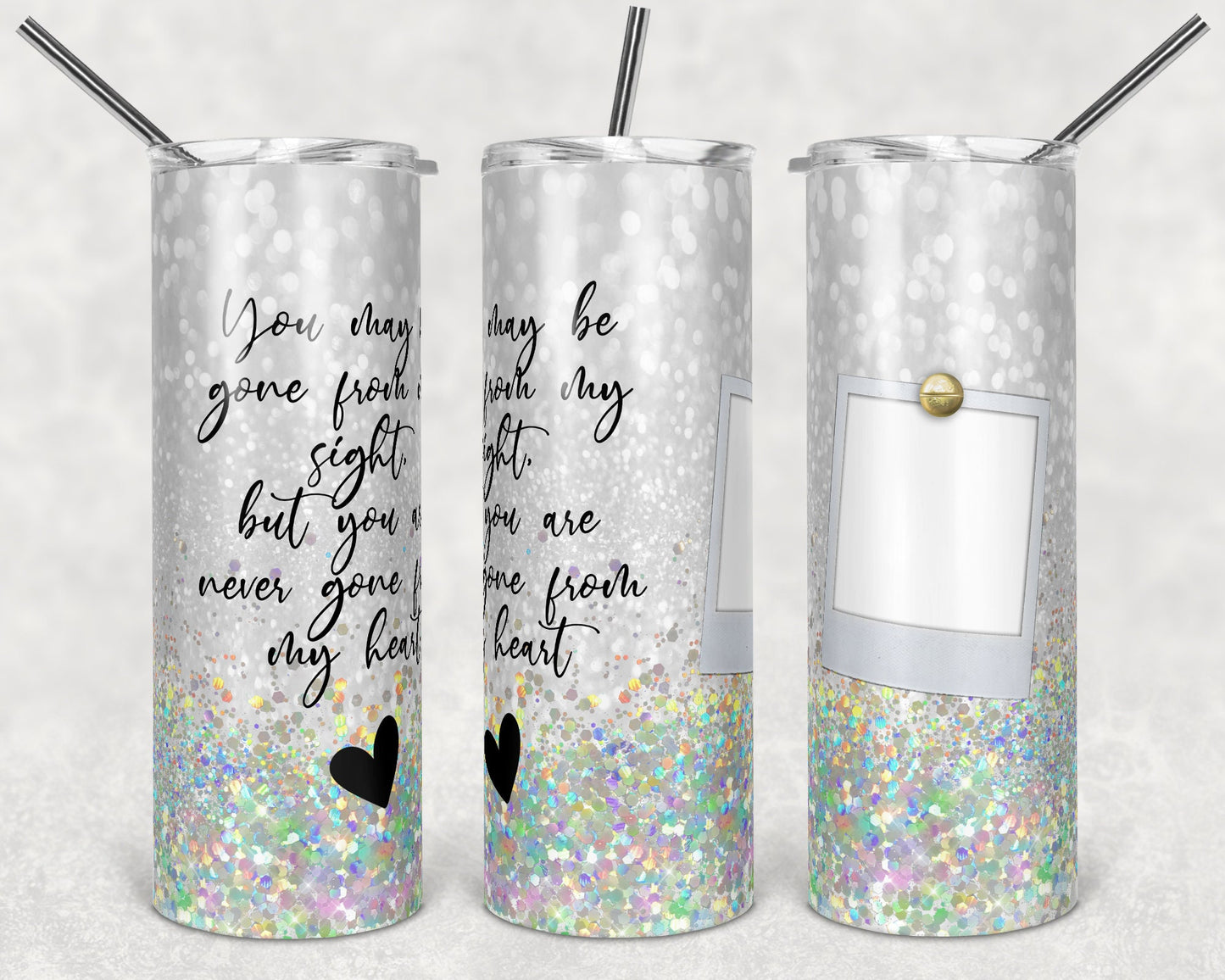 20 oz Skinny Tumbler Memorial with One Picture White Glitter Gone from Sight Sublimation Design
