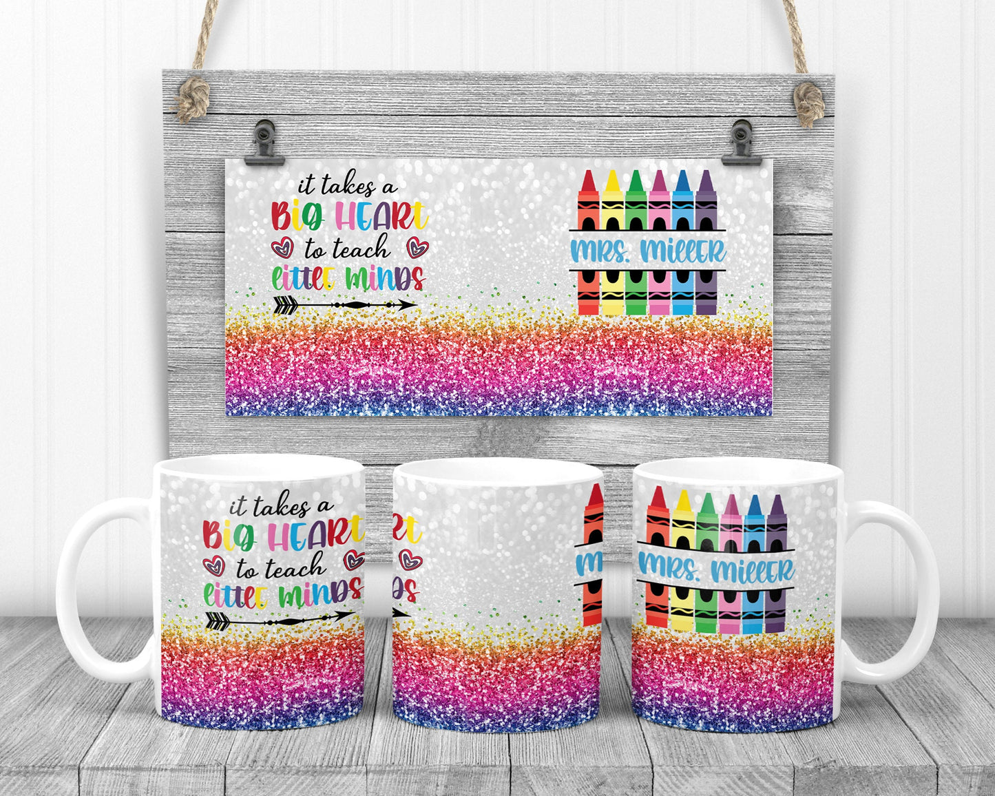 Sublimation Coffee Mug Teacher Glitter Rainbow Crayon Monogram Sublimation Design Design