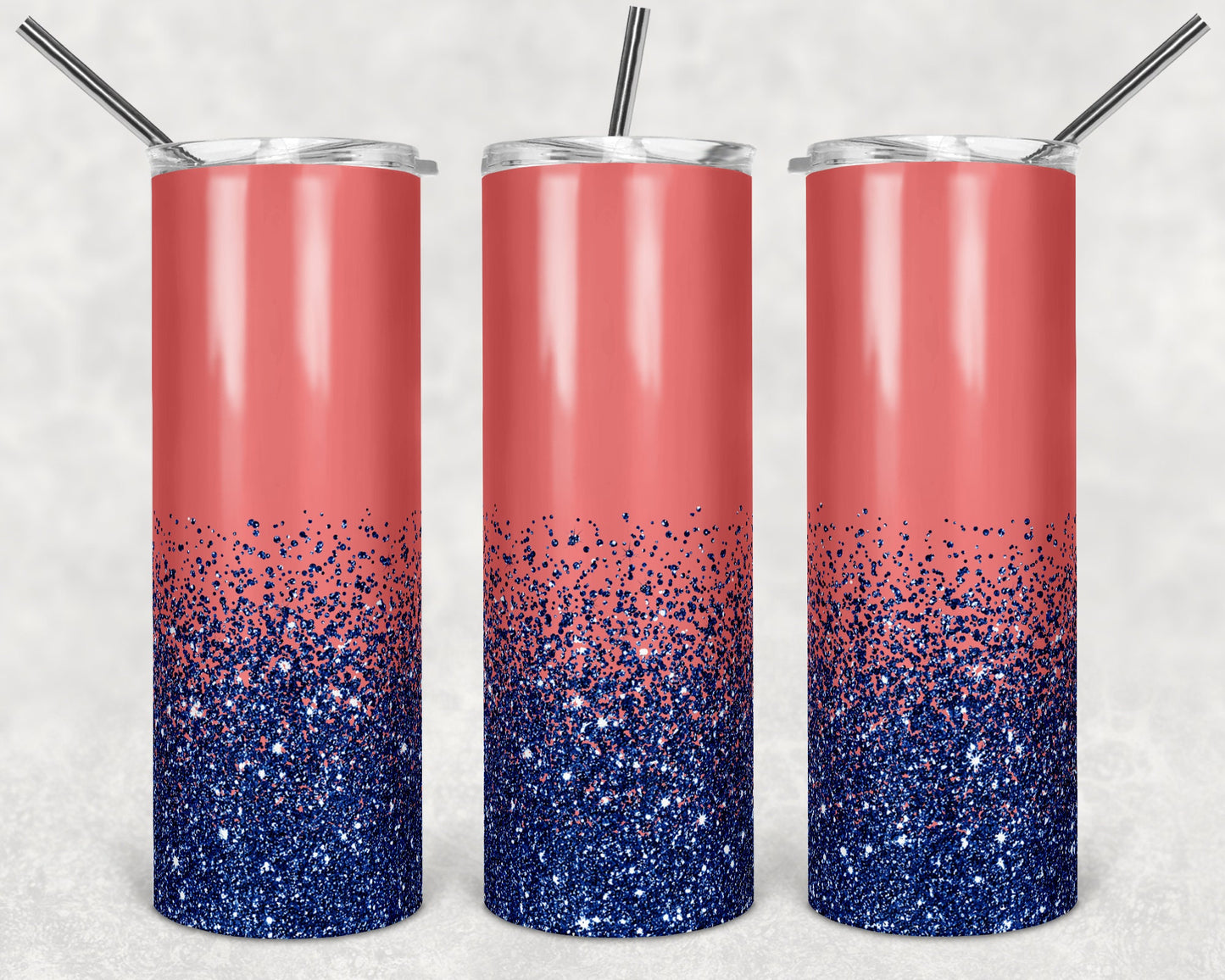 20 oz Skinny Tumbler Sublimation Design Template Glitter Ombre Navy Blue Coral Straight Faux Glitter bottom Design