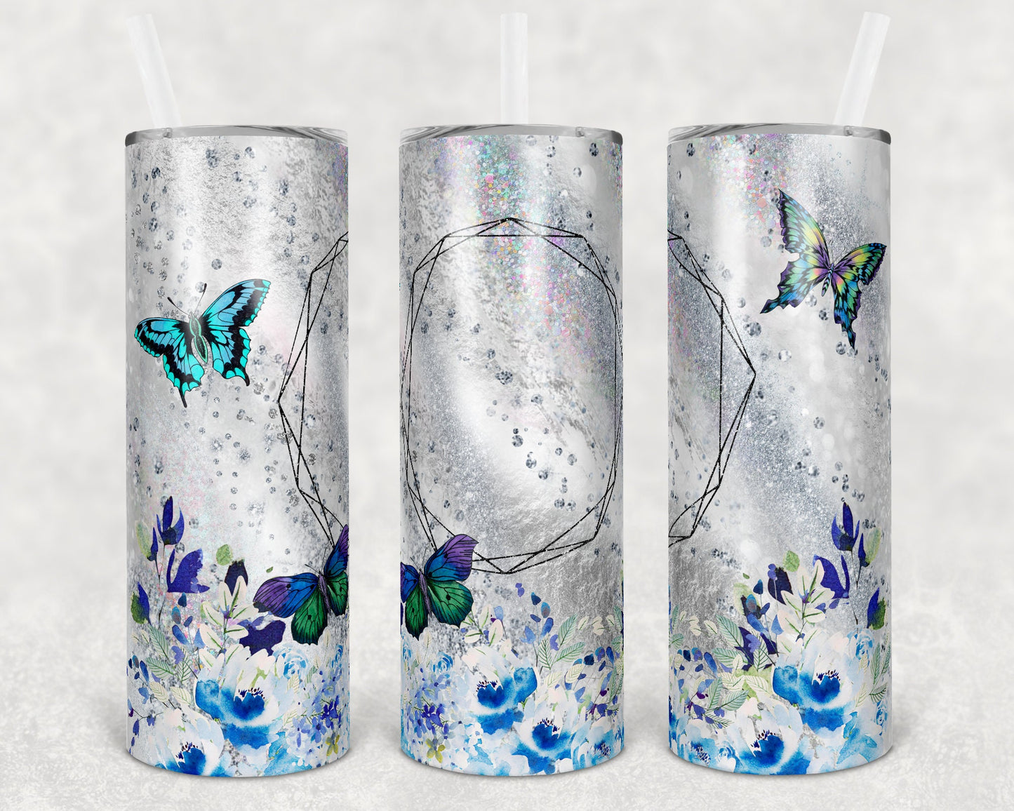 20 oz Skinny Tumbler Sublimation Template Agate Milky Way Silver Gray Blue floral butterfly with frame Straight Design