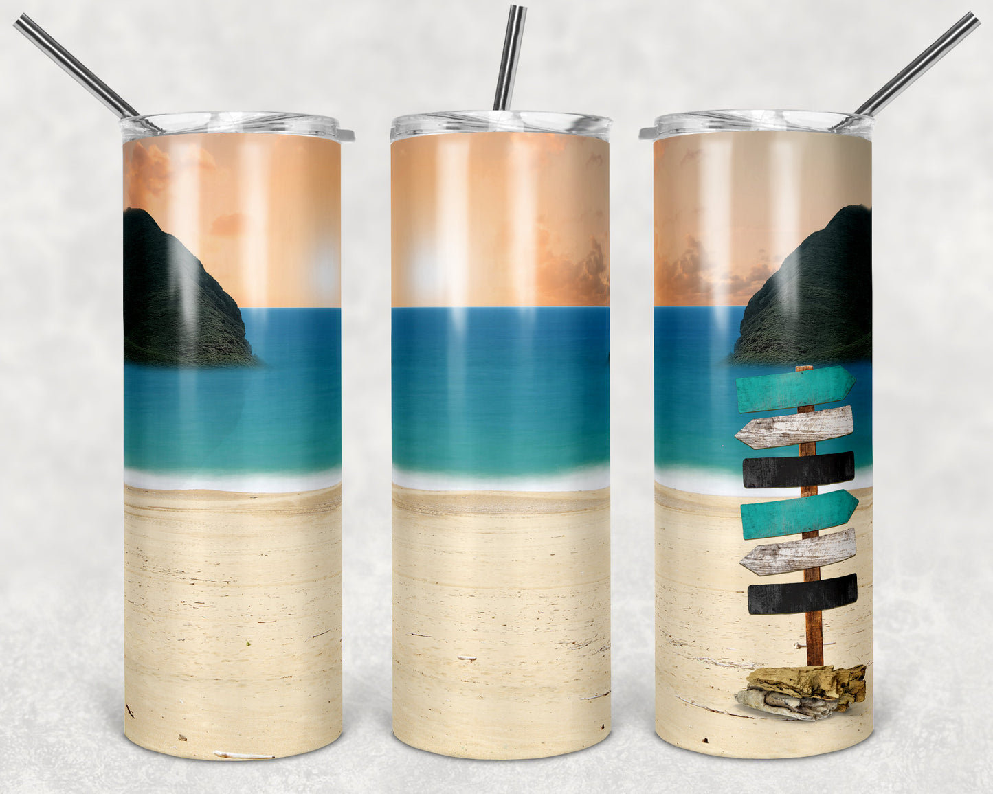 20 oz Skinny Tumbler Sublimation Design Template Beach Ocean Directional Sign Every Love Story is Beautiful and blank