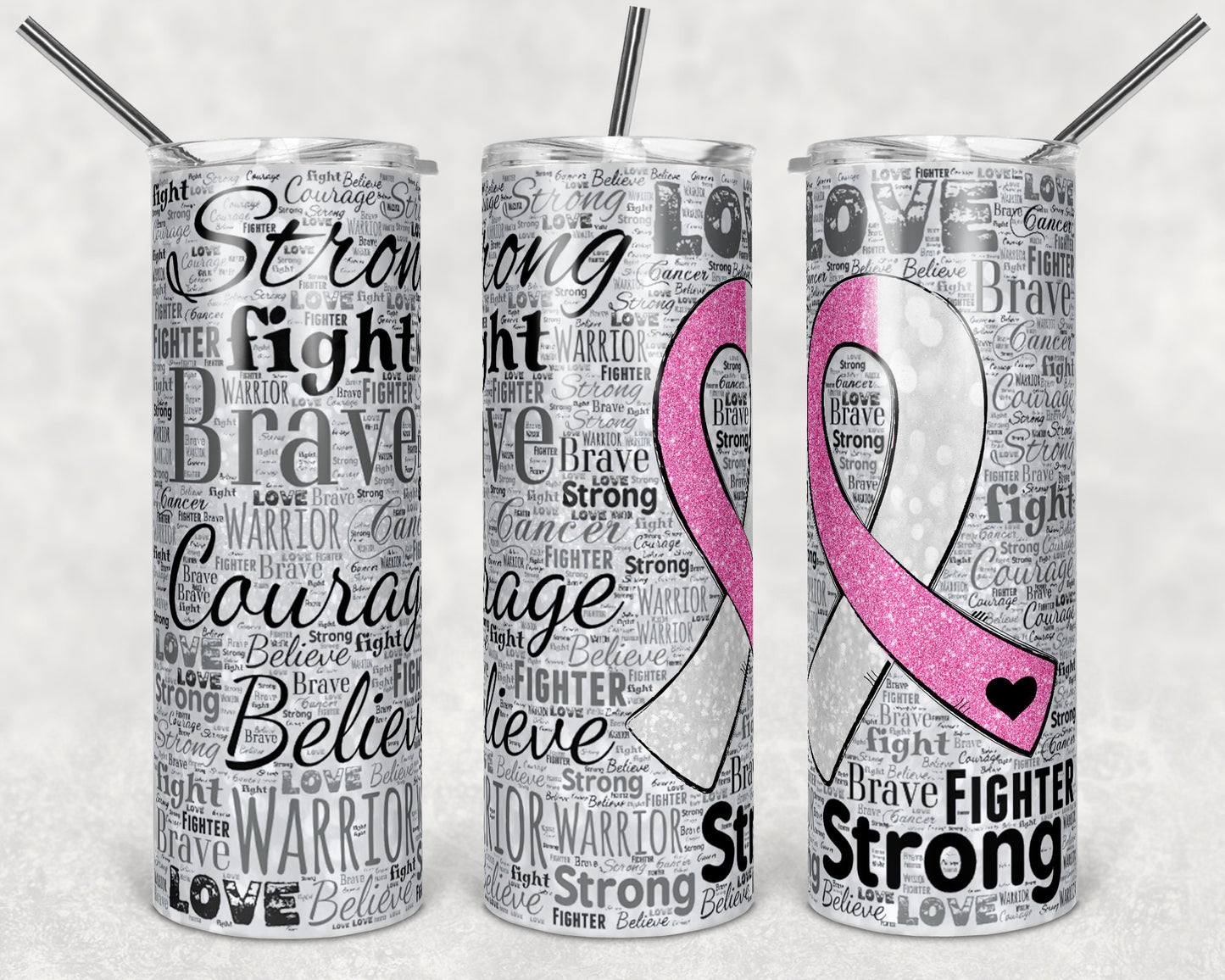 20 oz Skinny Tumbler Sublimation Awareness Ribbon Word Art Lung Cancer Pink White Straight Design tumblers