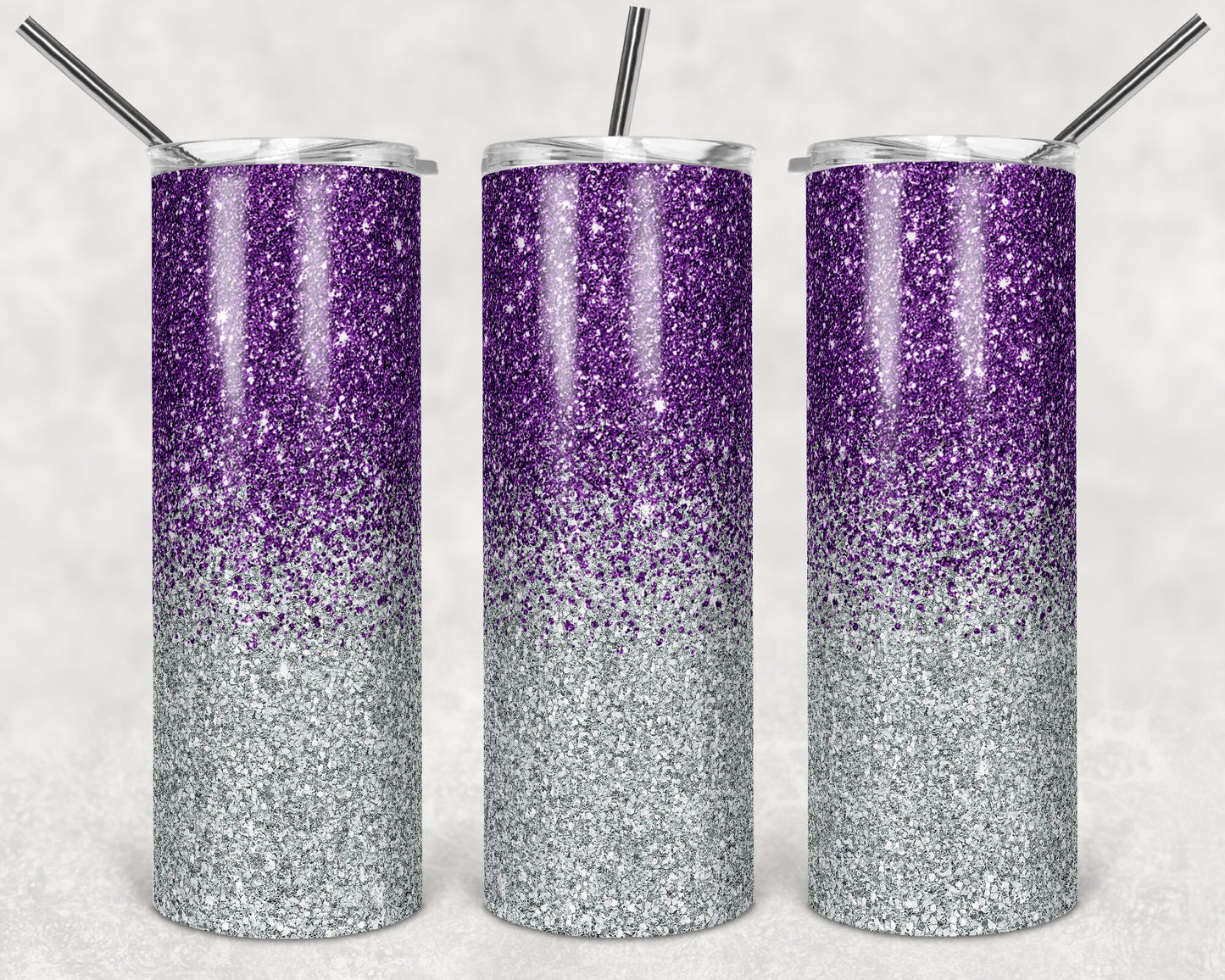20 oz Skinny Tumbler Sublimation Design Template Glitter Ombre Purple Silver color Straight Design