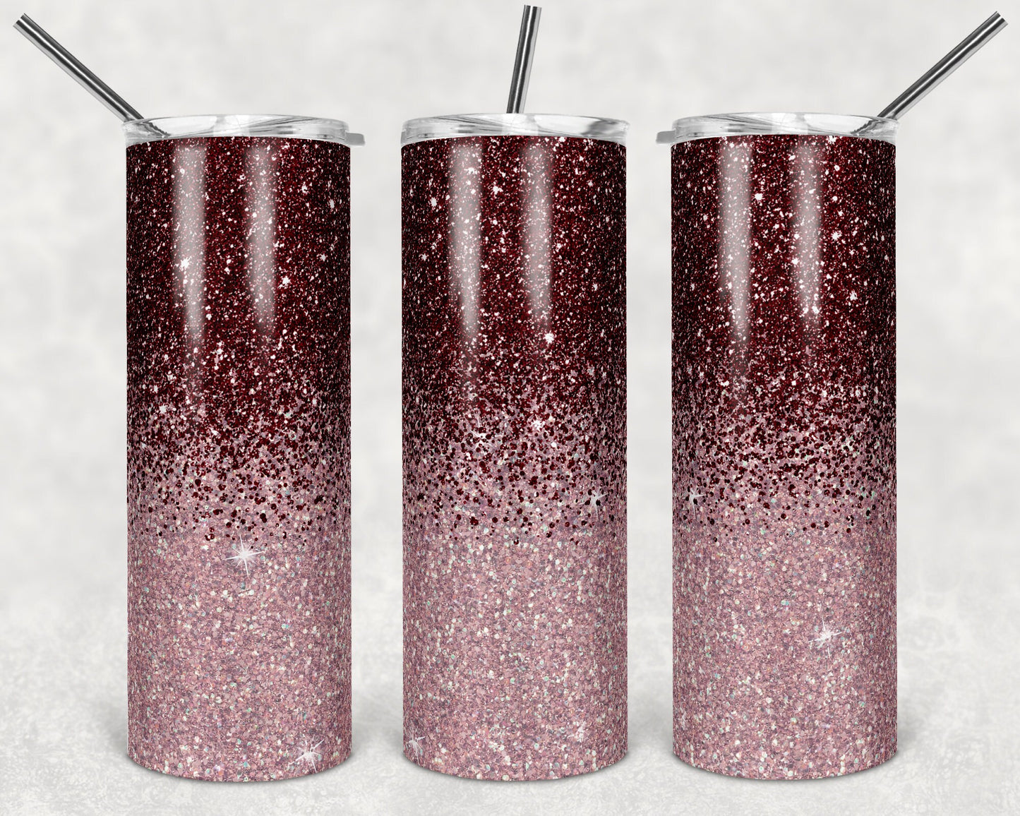 20 oz Skinny Tumbler Sublimation Design Template Glitter Ombre Maroon Rose Gold color Straight Design