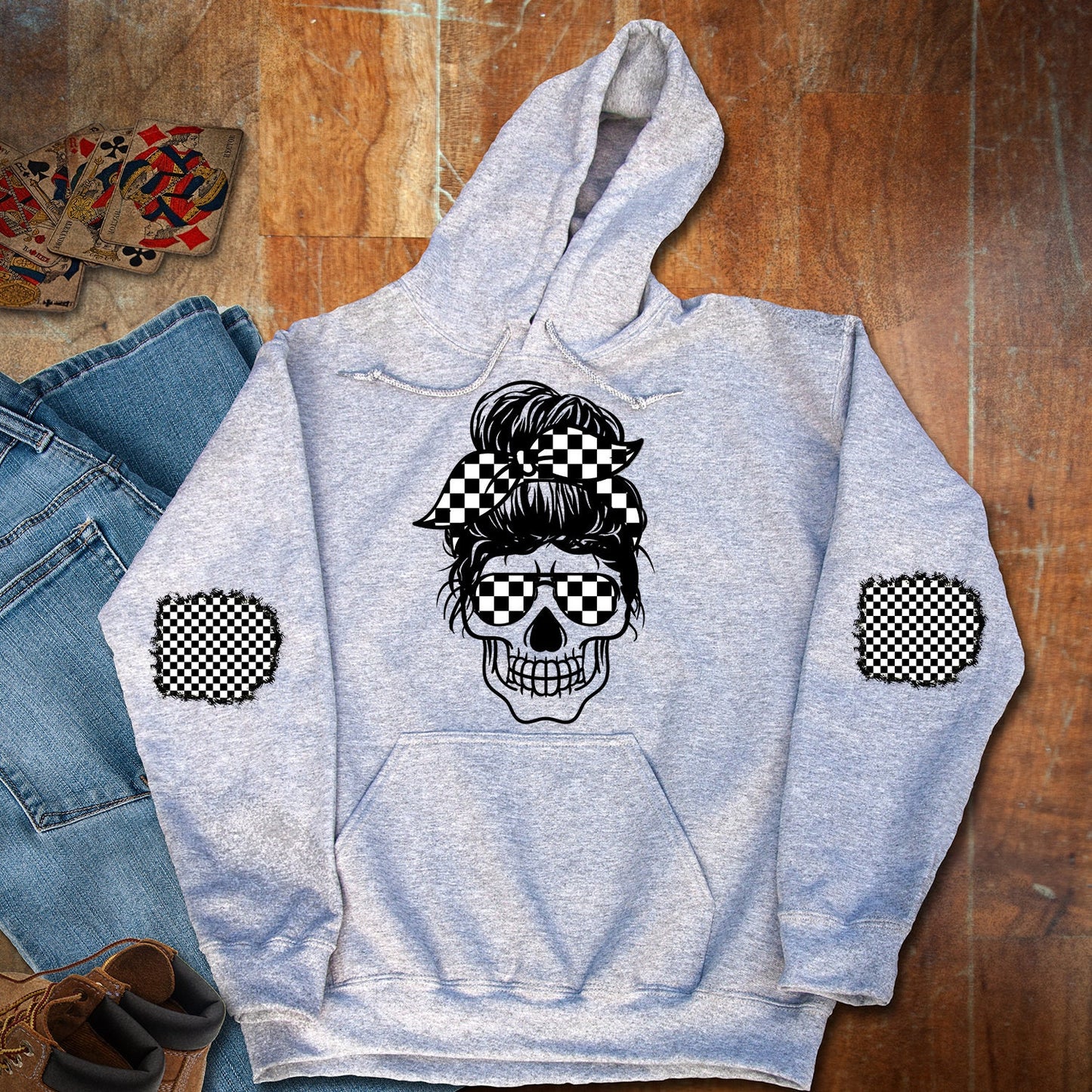 Shirt design Sweatshirt Patch Messy Bun Skull Checkered and Matching Patches for sleeves Sublimation Design