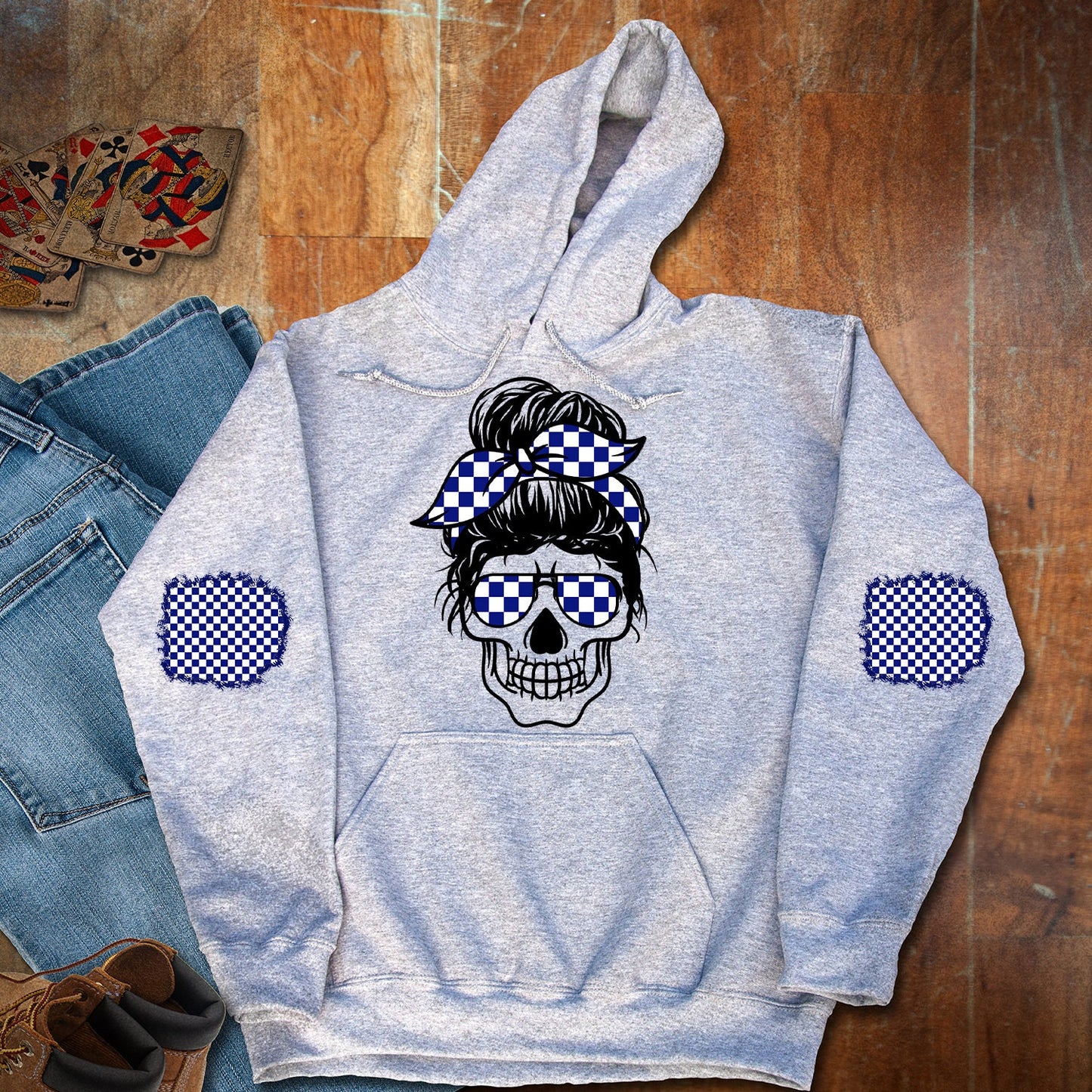 Shirt design Sweatshirt Patch Messy Bun Skull Checkered and Matching Patches for sleeves Sublimation Design