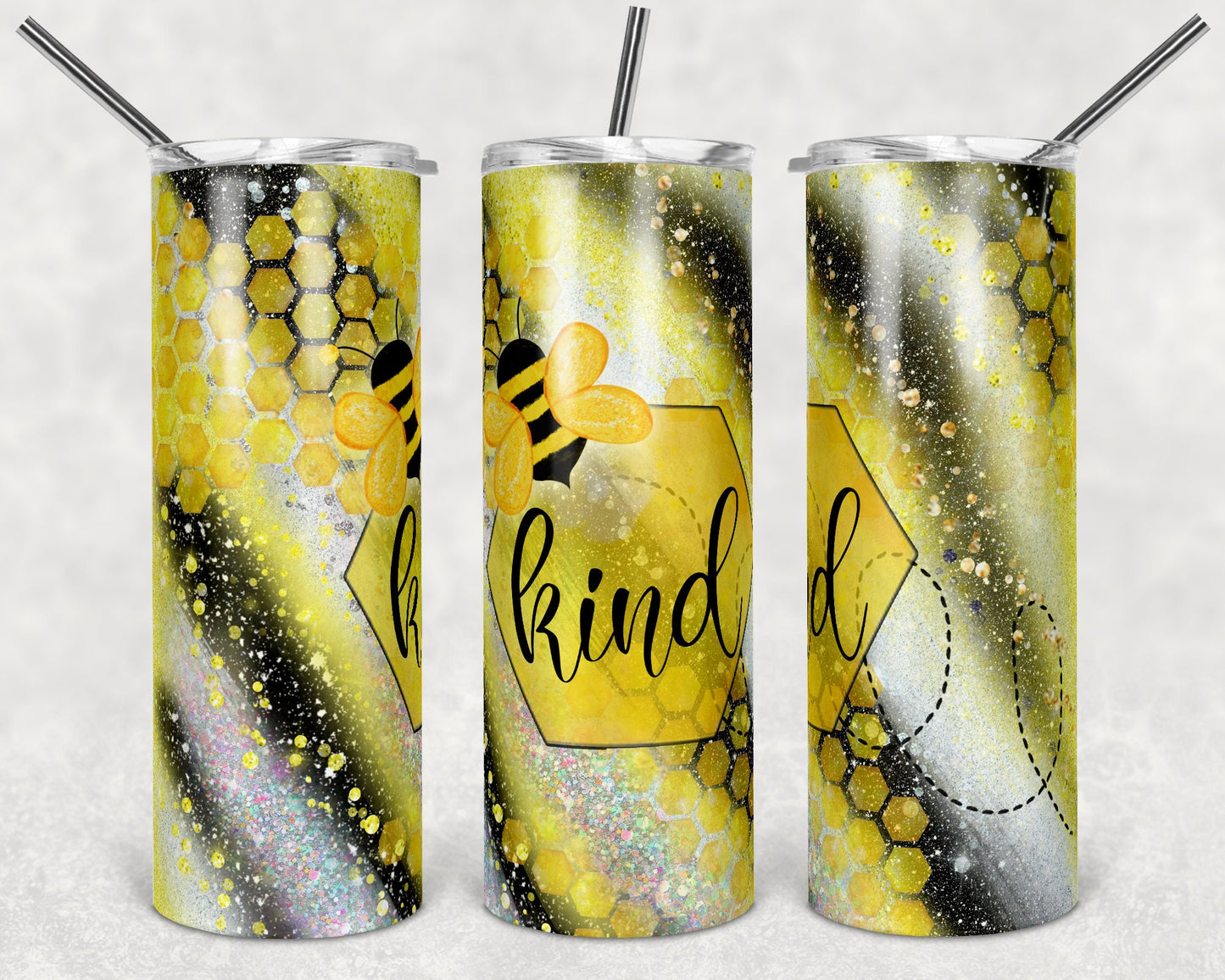 20 oz Skinny Tumbler Sublimation Template Agate Milky Way Glitter Yellow Bee Kind Honeycomb Straight Design
