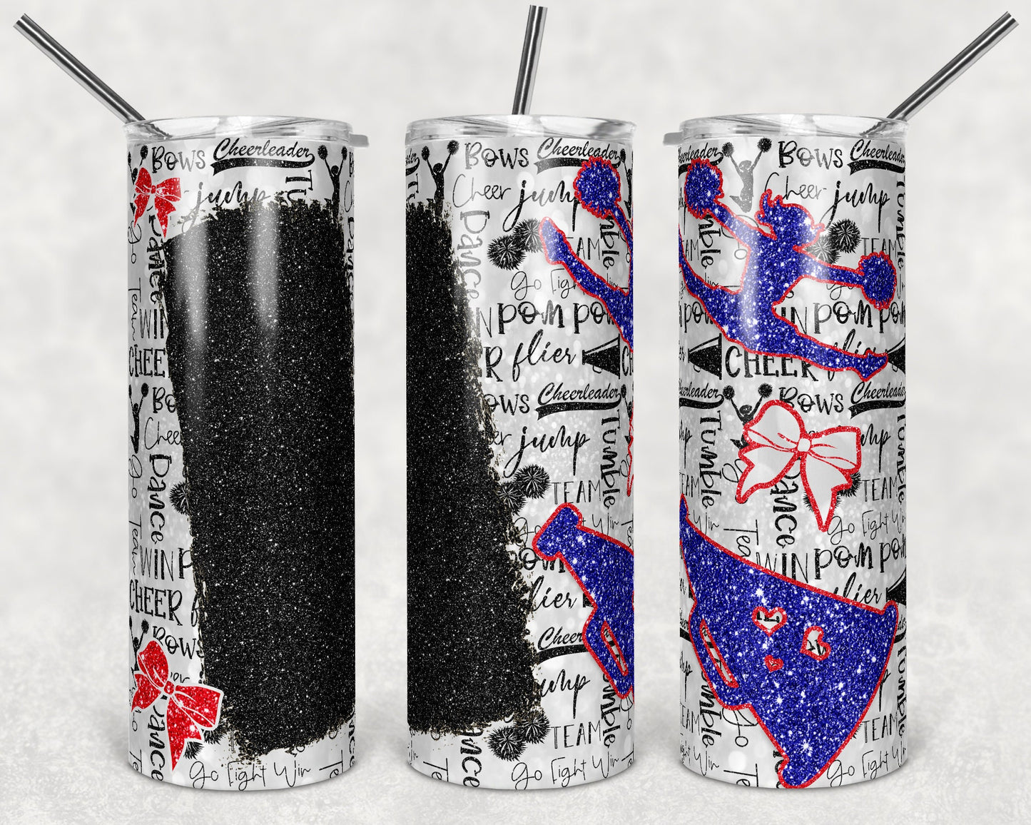 20 oz Skinny Tumbler Cheer Blank for Name Glitter Red White Blue Sublimation Design