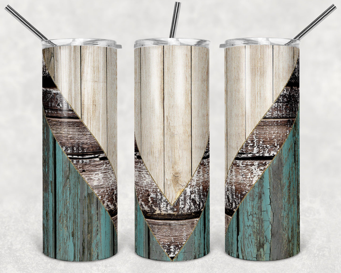 20 oz Skinny Tumbler Sublimation Design Template Chevron Wood Teal weathered White Wood Straight Design
