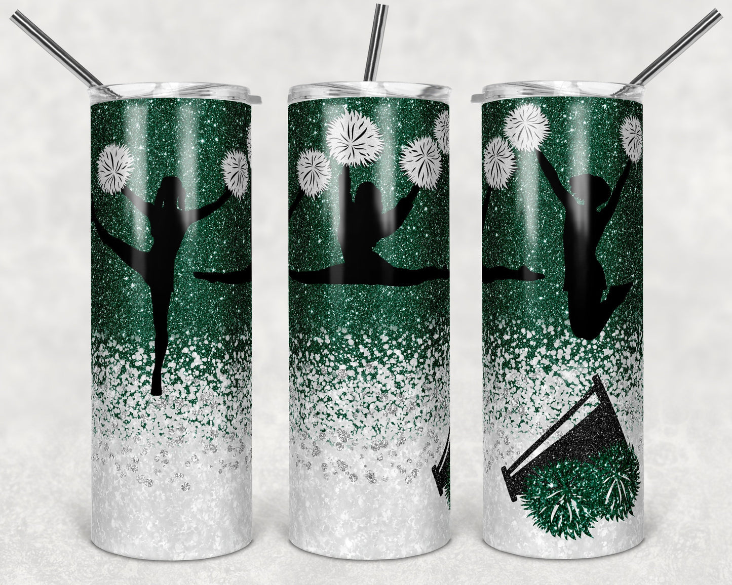 20 oz Skinny Tumbler Cheer Green White Glitter Sublimation Design Print Transfer