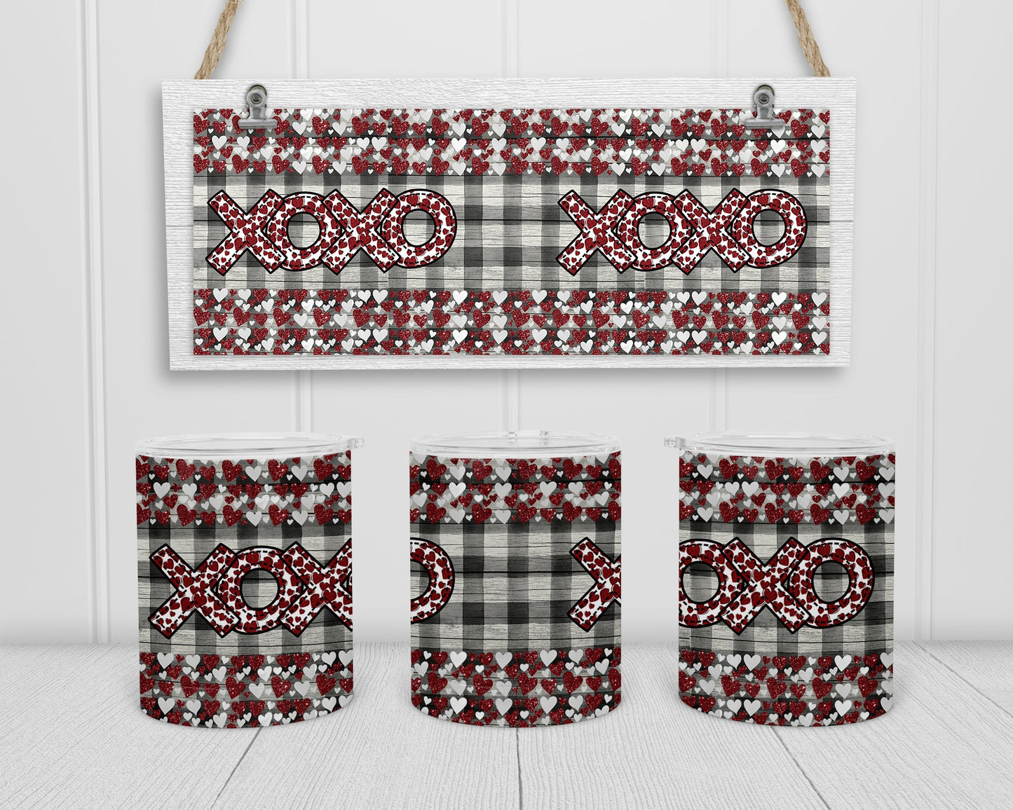 Sublimation Camp Cup Lowball Mug Sublimation Design xoxo Red Hea Plaid background