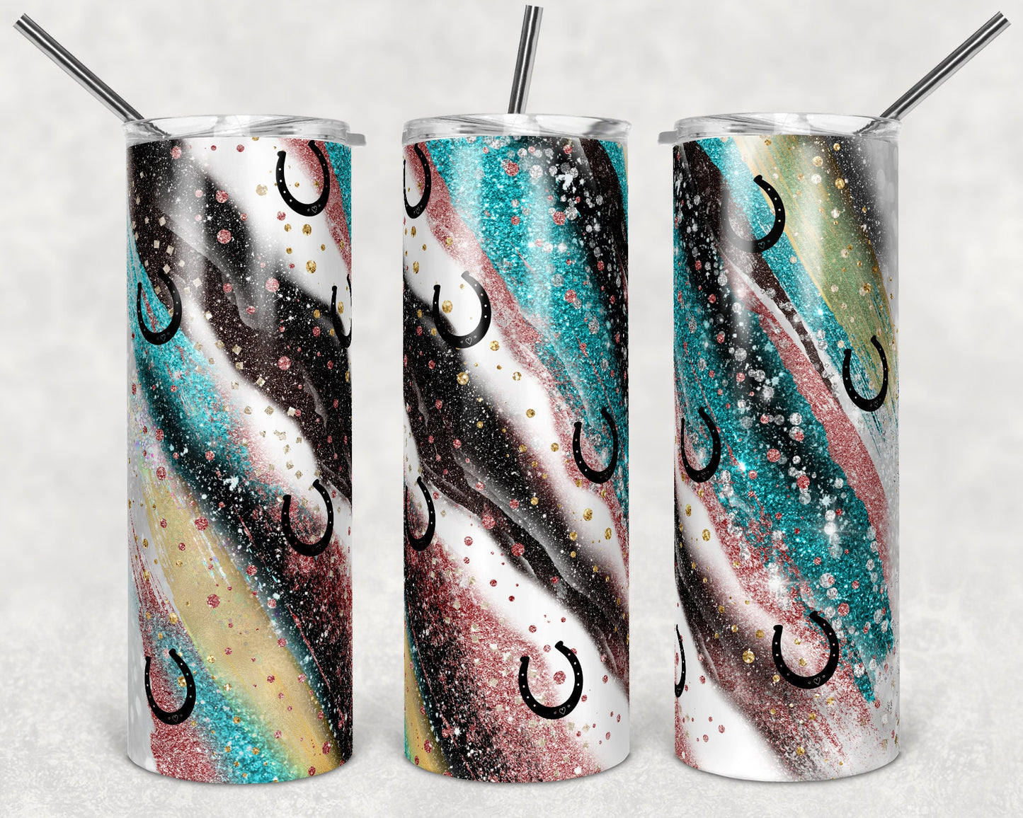 20 oz Skinny Tumbler Sublimation Milky Way horse shoe Rose Gold Teal Glitter Straight Design
