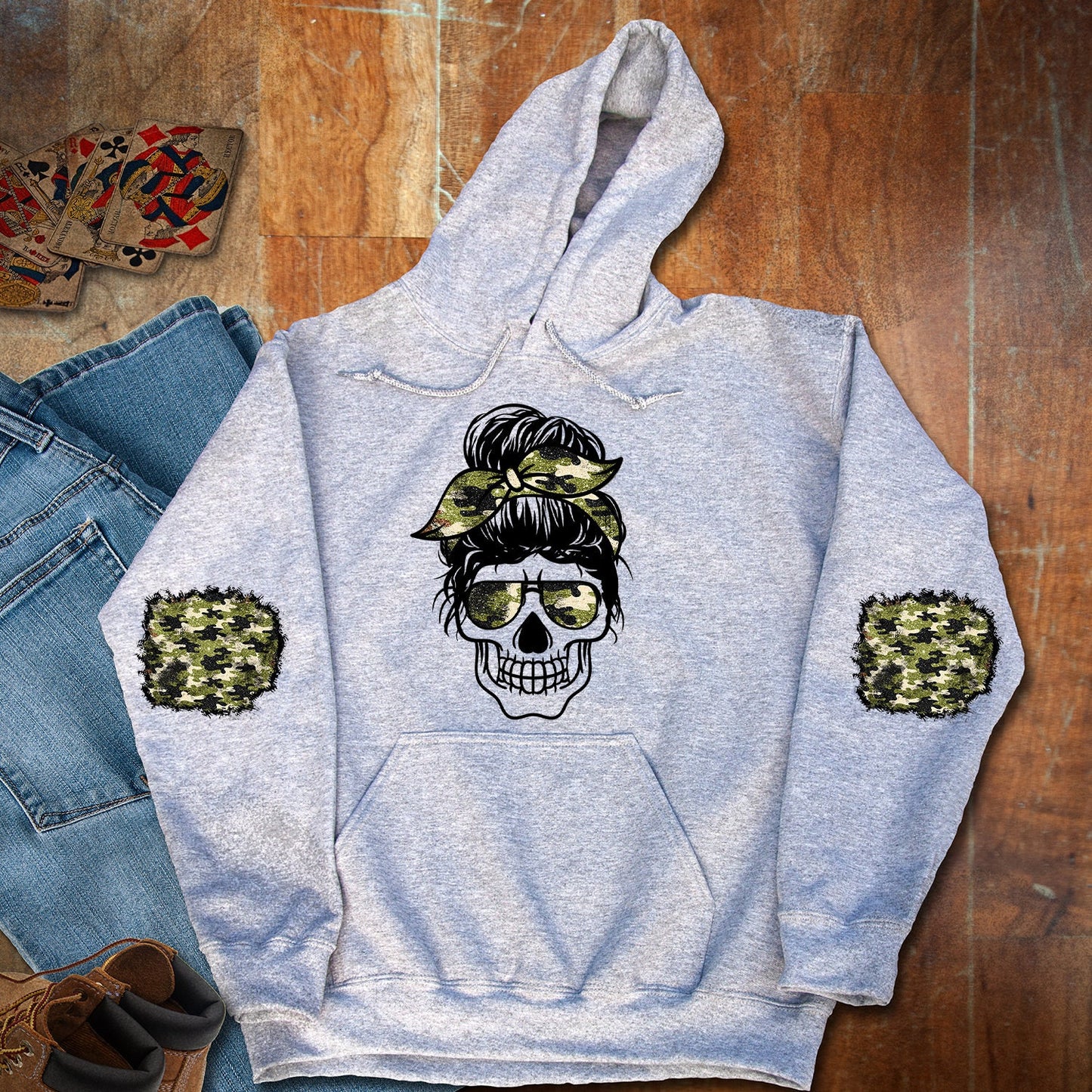 Shirt design Sweatshirt Patch Messy Bun Skull Camoflauge and Matching Patches for sleeves Sublimation Design