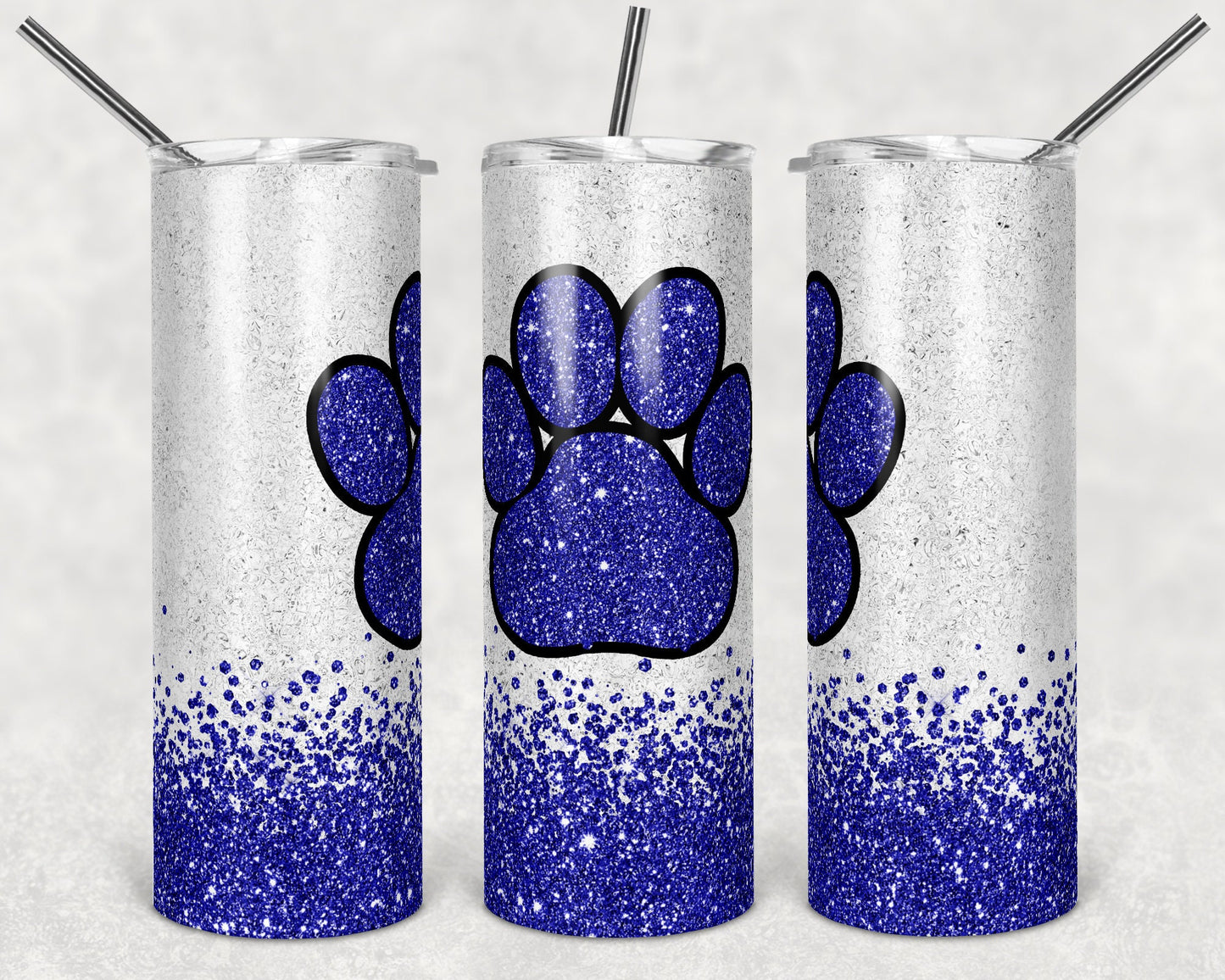 20 oz Skinny Tumbler Sublimation Template Royal Blue Glitter Paw Straight Design