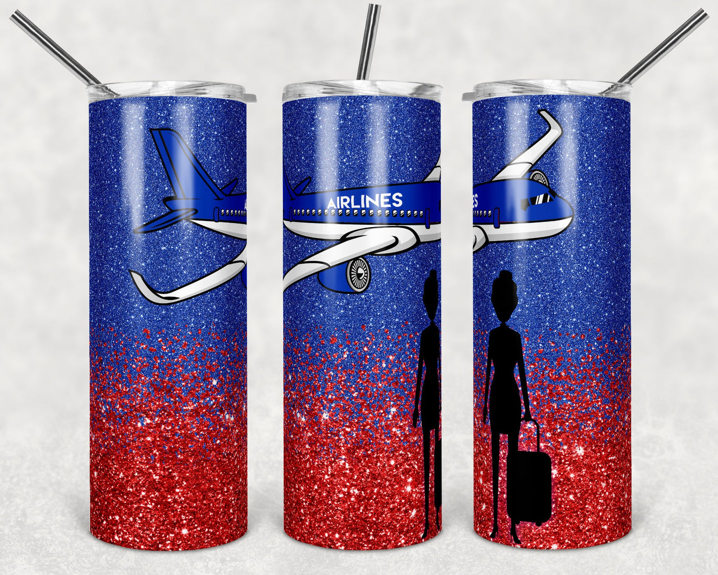 20 oz Skinny Tumbler Sublimation Glitter Ombre Blue Red Flight Attendant Straight and Warped Design