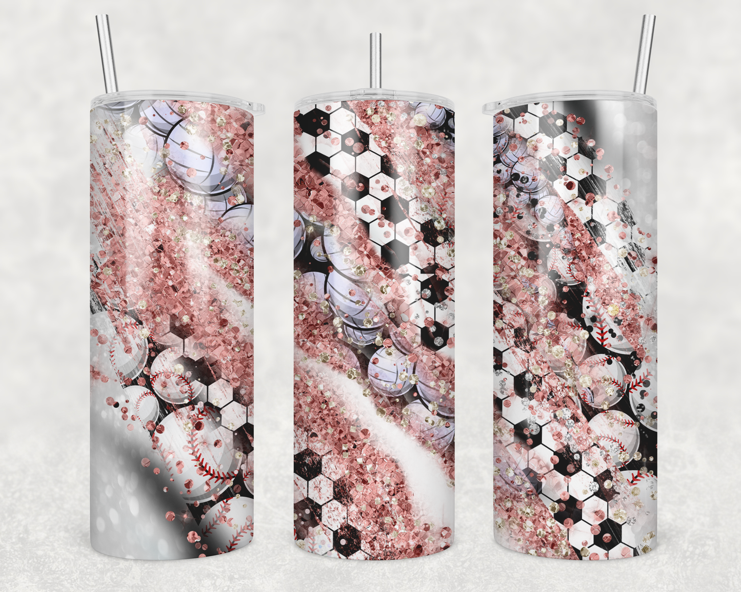 Physical Tumbler 20 oz Skinny Tumbler Soccer Rose Gold Glitter Tumbler