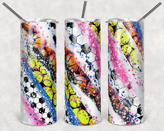 20 oz Skinny Tumbler Sublimation Milky Way Glitter Sports Basketball and Softball Design