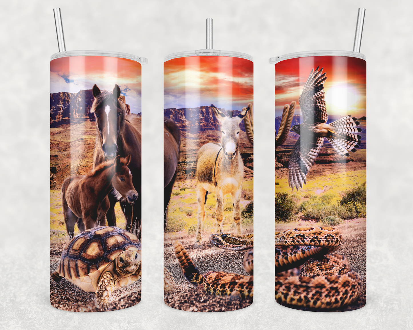 20 oz Skinny Tumbler Desert Mural Burro Mustang Tortoise Snake Hawk