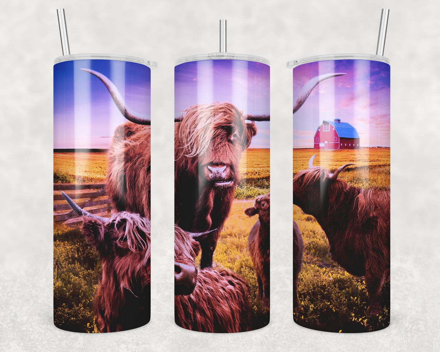 20 oz Skinny Tumbler Highland Cow Rustic Cattle Farm Sunset Mural Sublimation Design