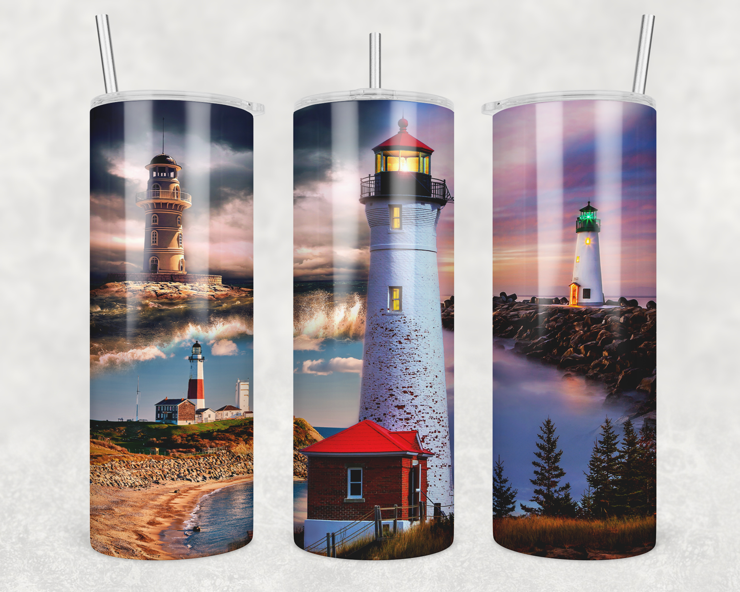 20 oz Skinny Tumbler Ocean Beach Waves Lighthouse Sunset Mural Sublimation Design Print Transfer