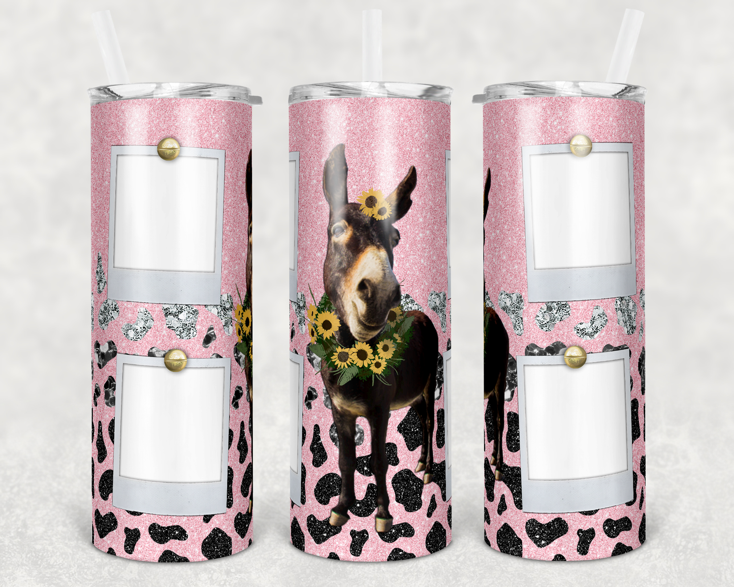 20 oz Skinny Tumbler Sublimation Design Pink Mule Donkey Print Ombre Straight Tumbler