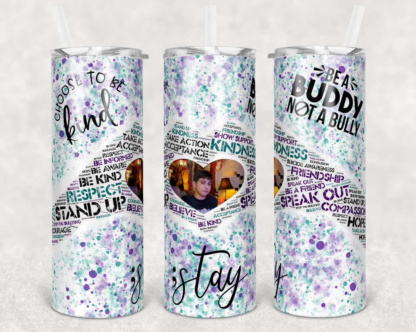 20 oz Skinny Tumbler Sublimation Suicide Awareness Anti Bully Word Art Suicide