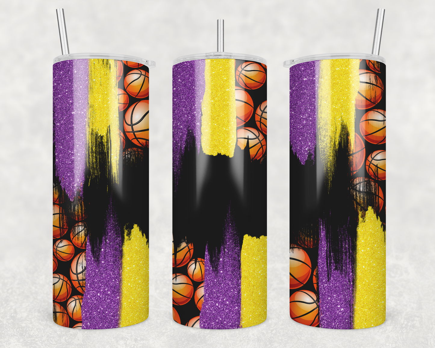 20 oz Skinny Tumbler Sublimation Design Glitter Brush Stroke Purple and Yellow Basketball Design