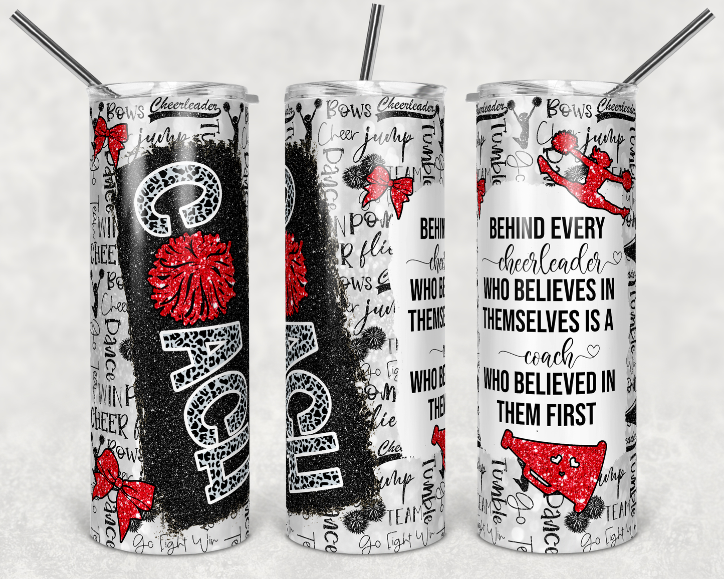 20 oz Skinny Tumbler Cheer Coach Red Glitter Leopard and Black Sublimation Design with quote print transfer