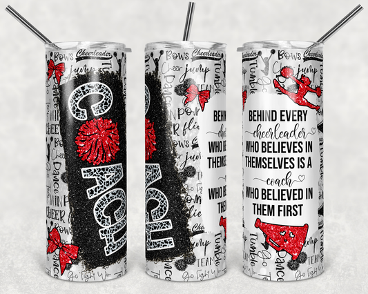 20 oz Skinny Tumbler Cheer Coach Red Glitter Leopard and Black Sublimation Design with quote print transfer