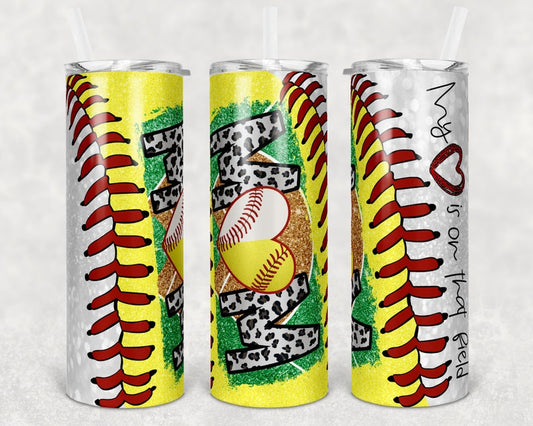Physical Tumbler 20 oz Skinny Tumbler Softball Baseball Mom Glitter Heart on Field Laces Sublimation