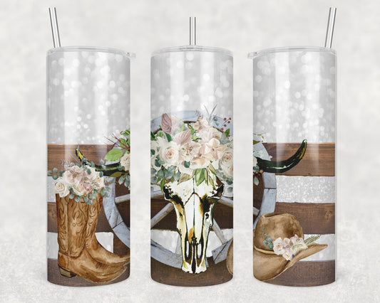 20 oz Skinny Tumbler Sublimation Design Template Boho Western Boot Skull Wagon Wheel