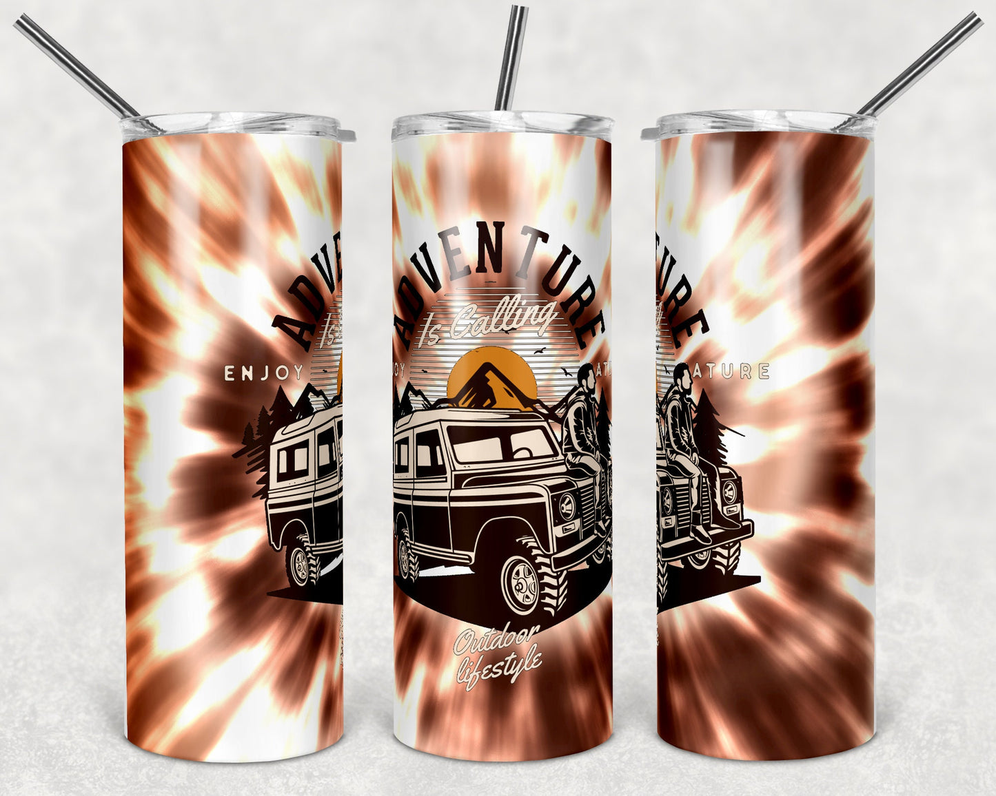 20 oz Skinny Tumbler Sublimation Design Template Adventure Awaits tie dye off road