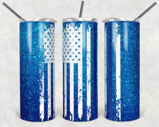 20 oz Skinny Tumbler Sublimation Design Template Blue Glitter Flag Line Design