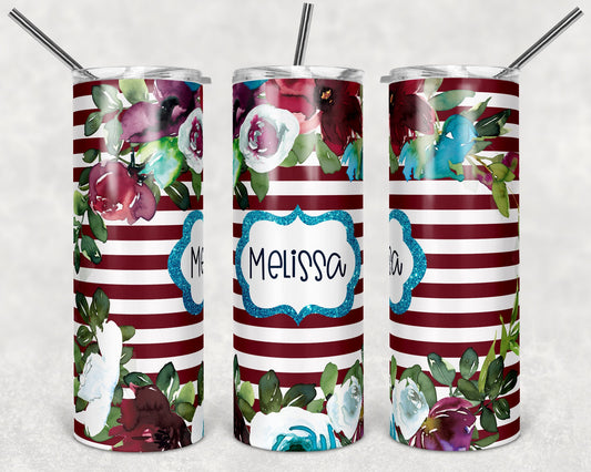 20 oz Skinny Tumbler Striped Floral Maroon Sublimation Design Print Transfer