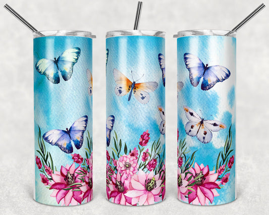 20 oz Skinny Tumbler School Butterflies and Flowers Sublimation Design Print Transfer
