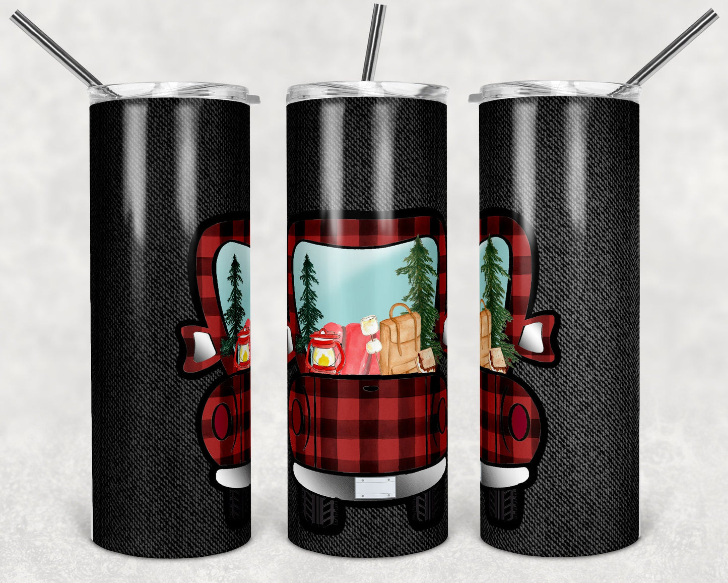 20 oz Skinny Tumbler Camping Plaid Truck Denim Sublimation Design Print Transfer