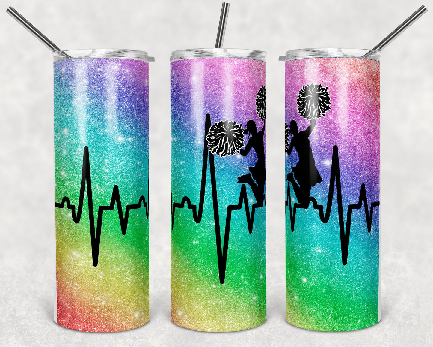 20 oz Skinny Tumbler Cheer Glitter Heartbeat Sublimation Design Print Transfer