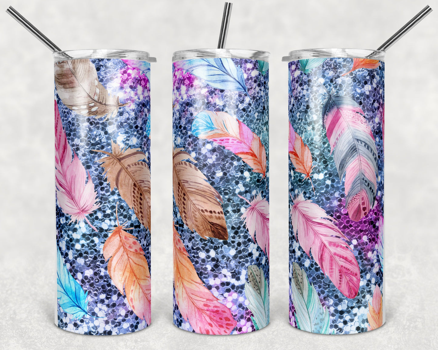 20 oz Skinny Tumbler Sublimation Design Template Glitter Feather Design