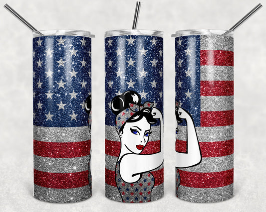 20 oz Skinny Tumbler Patriotic USA Rosie Riveter Sublimation Design