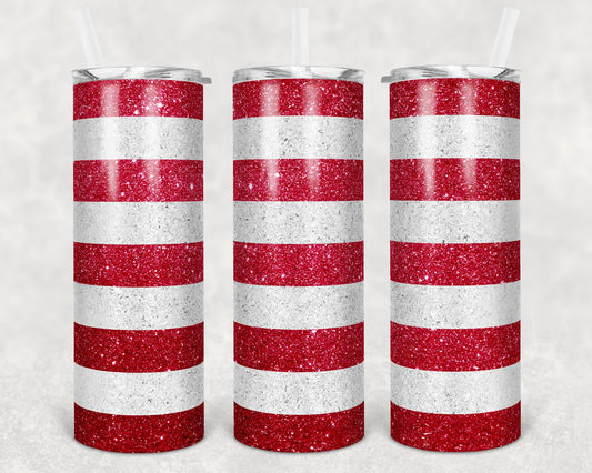 20 oz Skinny Tumbler Red White Glitter Stripe Sublimation Design Print Transfer