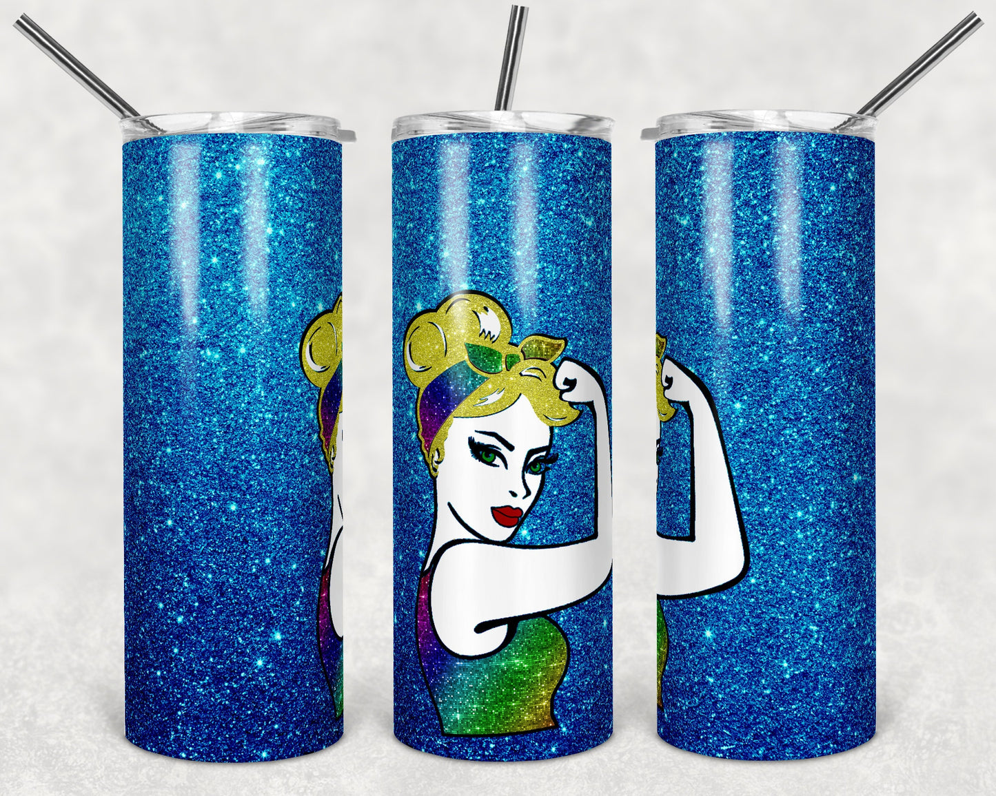 20 oz Skinny Tumbler Sublimation Design Template Blue Glitter Rosie Design